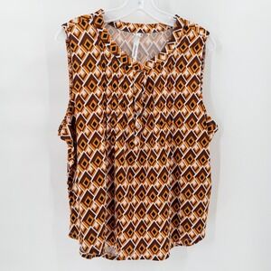 NY COLLECTION Geometric Diamond Print Sleeveless Henley Blouse Orange Brown PXL
